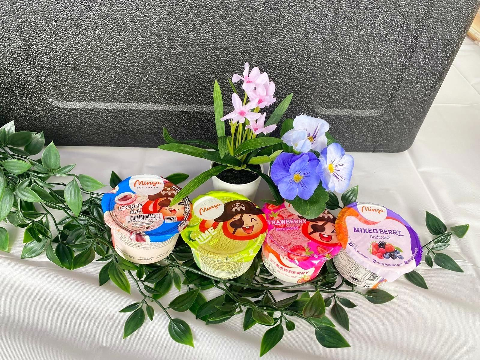 Ice cream live station with assorted lychee, lime, strawberry and mixed berry ice cream cups