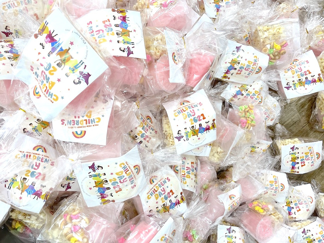 Pre-packed candy floss and popcorn goodie bags for Children's Day