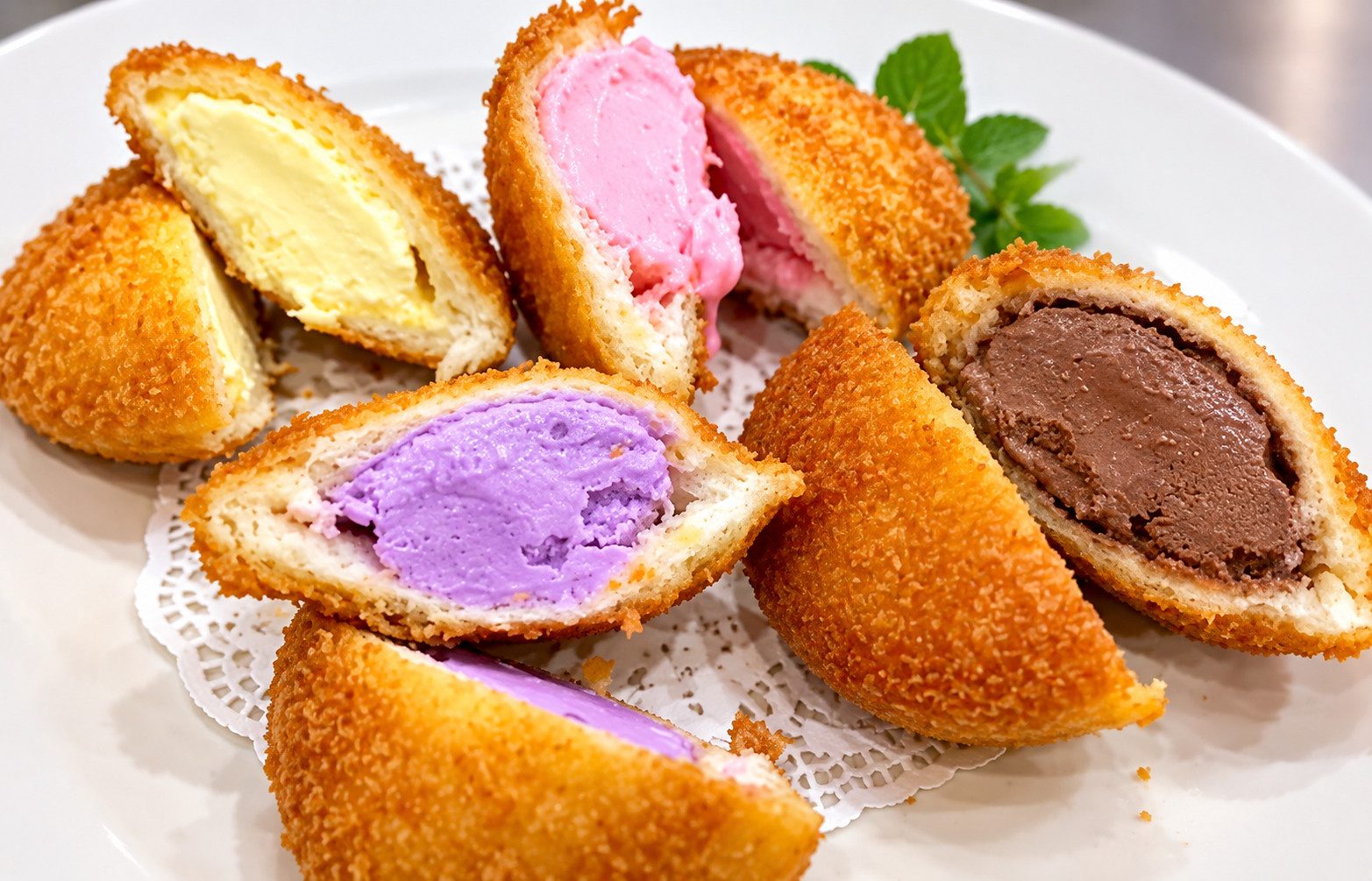 Assorted fried ice cream portions showing different fillings