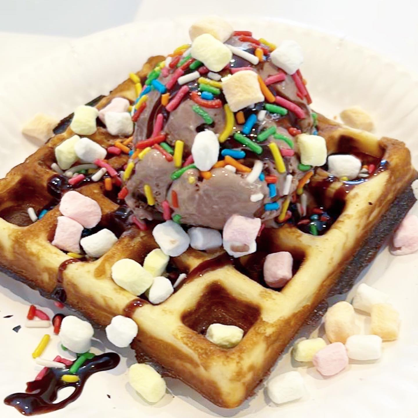 Waffle topped with ice cream chocolate sauce and marshmallows